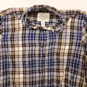 St Johns Bay Madras Flannel Casual Button Up Shirt Mens Size S White Blue Beige